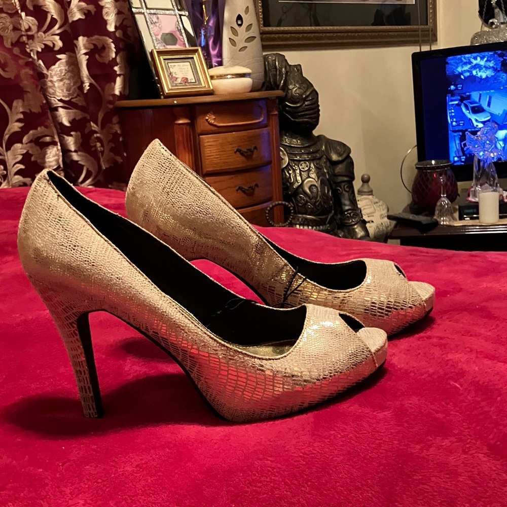 Charles Albert Shimmering Gold Peep Toe Heels